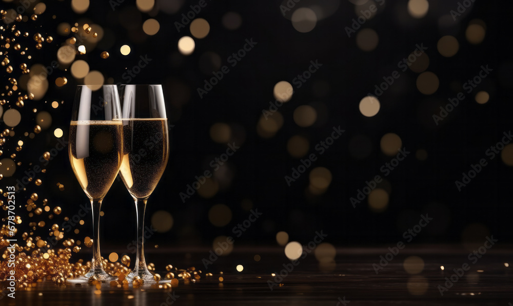 Champagne glasses with gold glitter confetti. Party invite and celebration background - obrazy, fototapety, plakaty 
