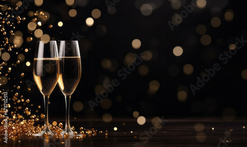 Champagne glasses with gold glitter confetti. Party invite and celebration background