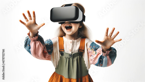 Little girl in VR glasses on white background