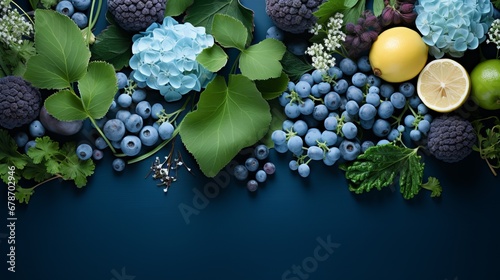 fresh blueberries with drops of water on the leaves, Concept: naturalness and freshness of the berries. Light background. photo