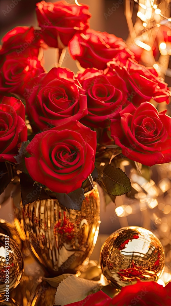 Classic red roses elegantly placed on a reflective gold background. Valentine, wedding, jewellery, gem, glamorous fashion event. Vertical orientation. 