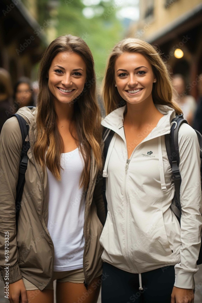 Smiling group of friends in sportswear looking at camera and enjoying day of walking Smiling group of friends in sportswear looking at camera and enjoying day of walking