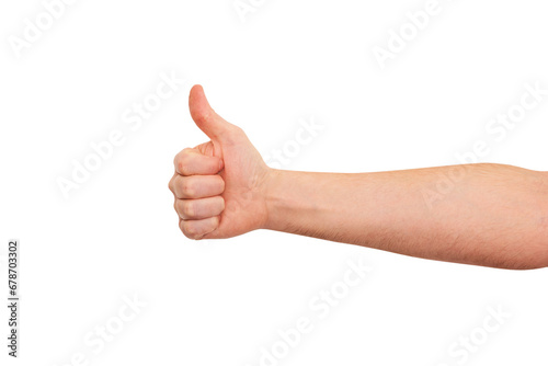 Thumb Up Man isolated on the white background. Caucasian man's hand shows I Like It concept, hand gesture, thumb upwards. 