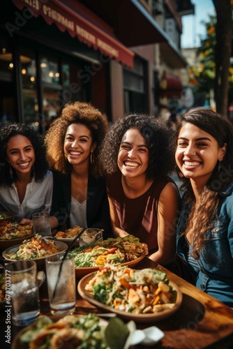 Smiling group of young hispanic women eating outdoors on terrace photo