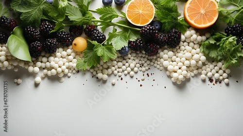 Flatlay still life with a variety of healthy foods. Creamy white background with assorted fruits and berries. Banner with copy space. 