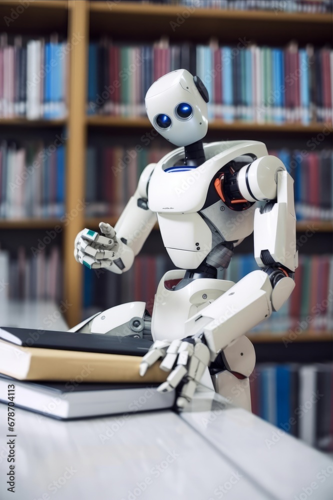Self educating artificial intelligence. Machine learning concept. Robot studying, writing code and reading books in library. AI and Neural network development. Self educating artificial intelligence. Machine learning concept. Robot studying, writing code and reading books in library. AI and Neural network development.