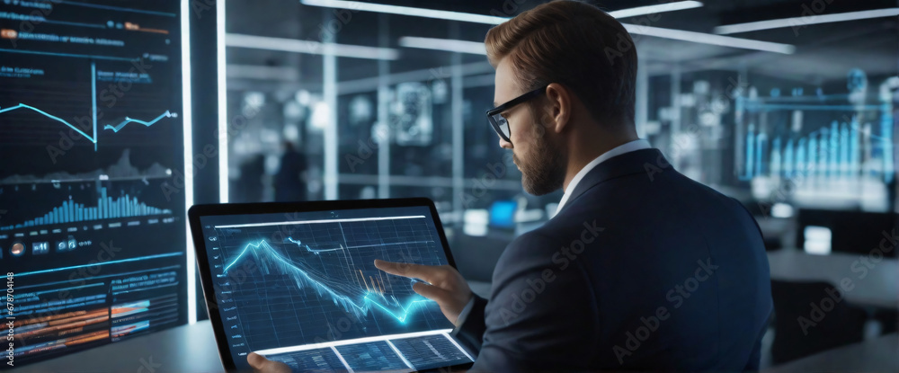 a businessman using a tablet to analyze complex data sets in real-time, with a digital interface overlaid, Showcase the accuracy and speed of AI technology in data analysis a businessman using a tablet to analyze complex data sets in real-time, with a digital interface overlaid, Showcase the accuracy and speed of AI technology in data analysis