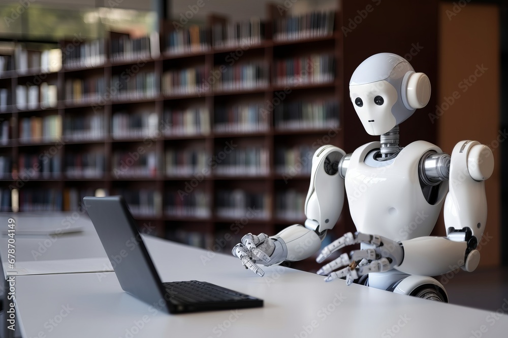 Self educating artificial intelligence. Machine learning concept. Robot studying, writing code and reading books in library. AI and Neural network development. Self educating artificial intelligence. Machine learning concept. Robot studying, writing code and reading books in library. AI and Neural network development.