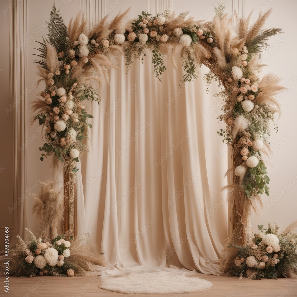 Boho wedding arch with pampas and flowers inside a beige room, wedding digital backdrop, floral arch,  - obrazy, fototapety, plakaty 