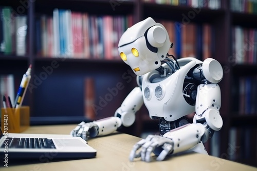 Self educating artificial intelligence. Machine learning concept. Robot studying, writing code and reading books in library. AI and Neural network development. 