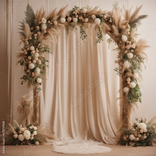 Boho wedding arch with pampas and flowers inside a beige room, wedding digital backdrop, floral arch, 