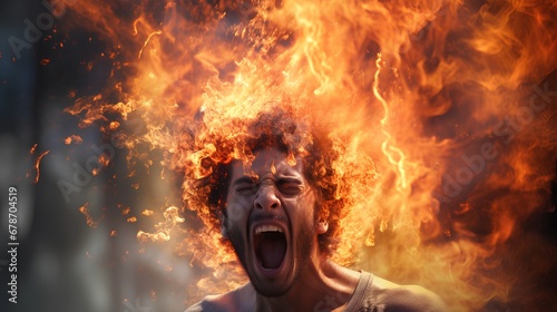 An individual experiencing an acute stress reaction, showcasing symptoms of burnout and a sudden, intense emotional outburst, possibly leading to a mental health crisis. photo