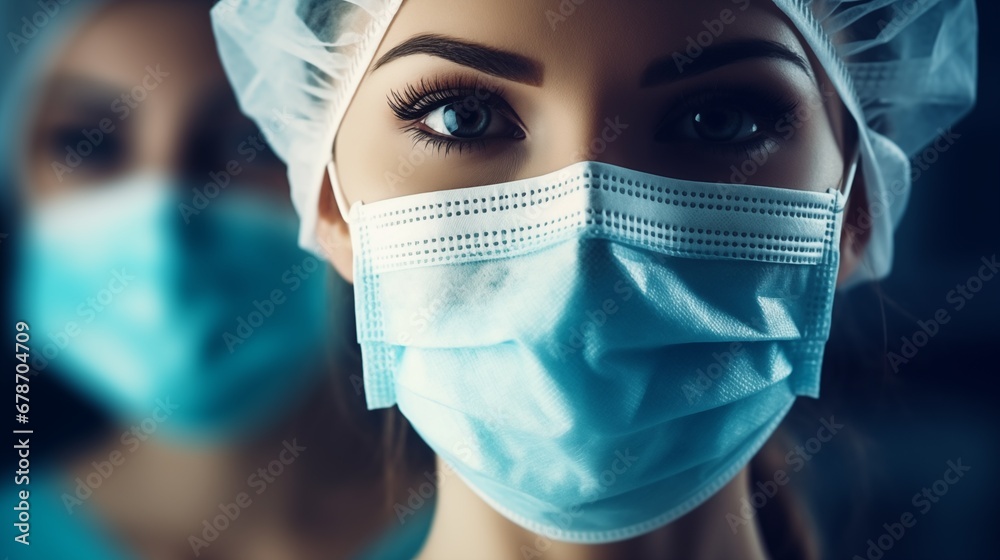 professional medical female woman in uniform and face mask, close up professional medical female woman in uniform and face mask, close up