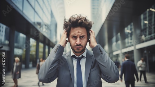 A stressed businessman in a suit is experiencing acute anxiety and frustration, with his hands on his head, looking overwhelmed by work pressure in a corporate office environment.