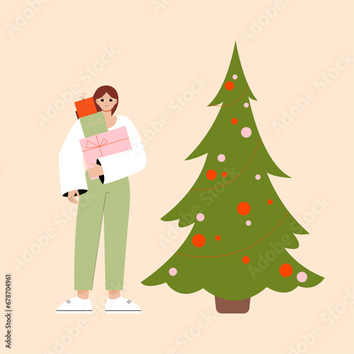 Christmas and New Year celebration. Christmas and New Year card. Winter holiday greeting card. Xmas design. Christmas poster 2024. Girl with gifts.