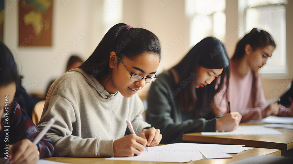 Young Indian woman on exam at school, Asian girl writing down notes in classroom, group of international student on the background, lesson in college or university - obrazy, fototapety, plakaty 