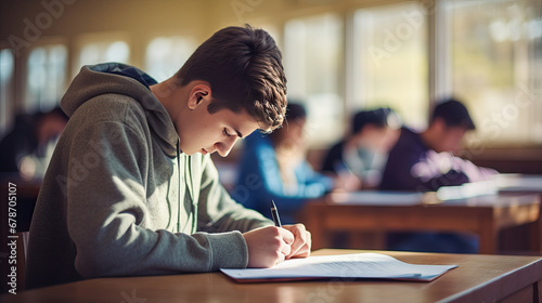 Male student writing exam in classroom, group of people in school or college, young boy making notes during lesson, close up photo of hands with pen photo