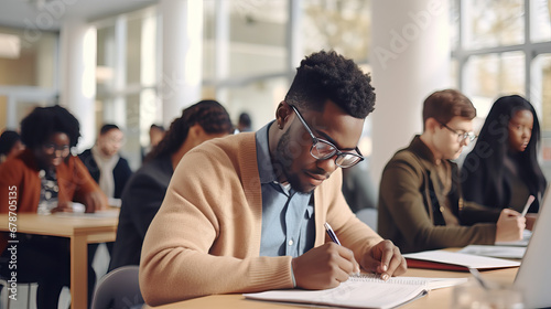 African American student in classroom, man in glasses writing down notes in notebook, group of international students studying in adult training center, people writing exam photo