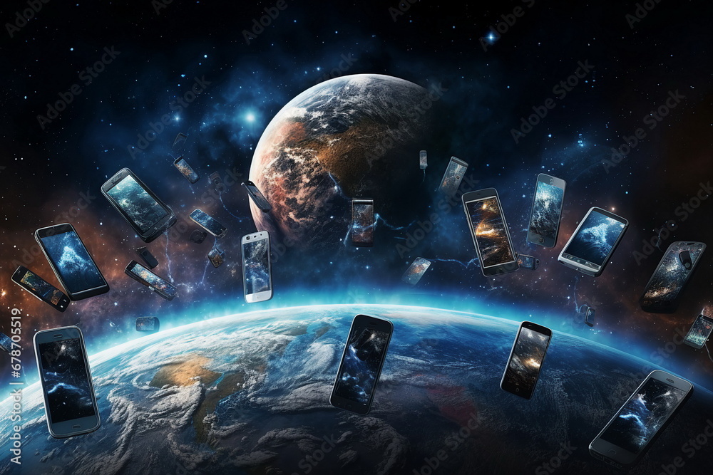 mobile phones fly around earth planet - obrazy, fototapety, plakaty 