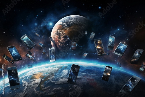 mobile phones fly around earth planet