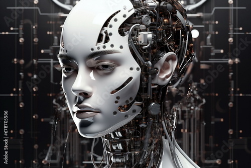 woman robot head on futuristic background