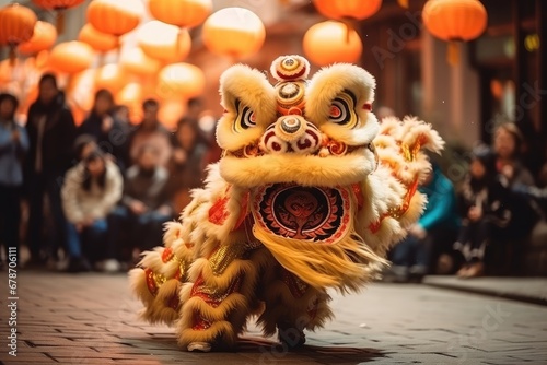 Traditional lion dance during chinese new year celebration