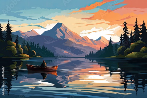 canoeing adventure boat on peaceful lake nature landscape illustration