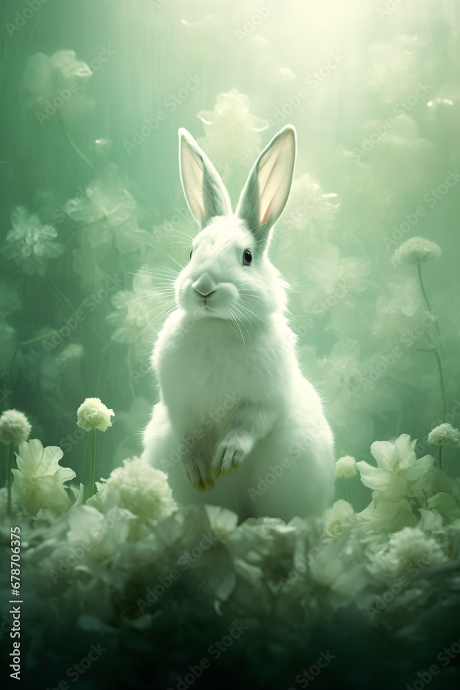 Portrait style image of a rabbit in white mint green color. Ethereal lighting composition. Portrait style image of a rabbit in white mint green color. Ethereal lighting composition.