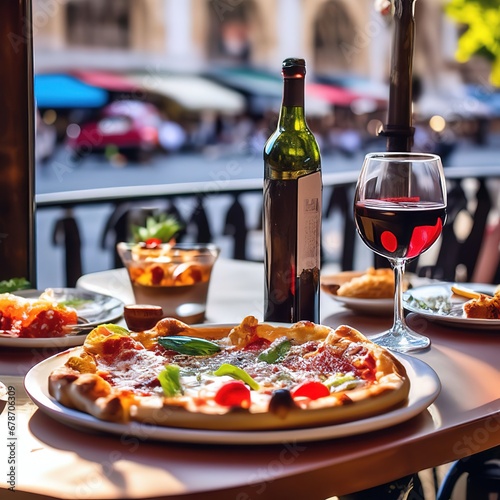 Fototapeta Naklejka Na Ścianę i Meble -  pizza on a wooden dish on the table of the street cafe