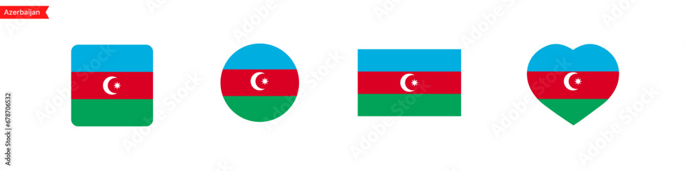 National flag of Azerbaijan. Azerbaijan flag icons for language selection. Azerbaijan flag in the shape of a square, circle, heart. Vector icons