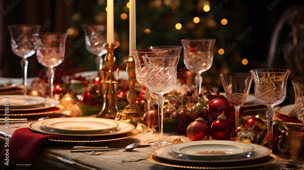christmas dinner table setting, table in restaurant, christmas decor