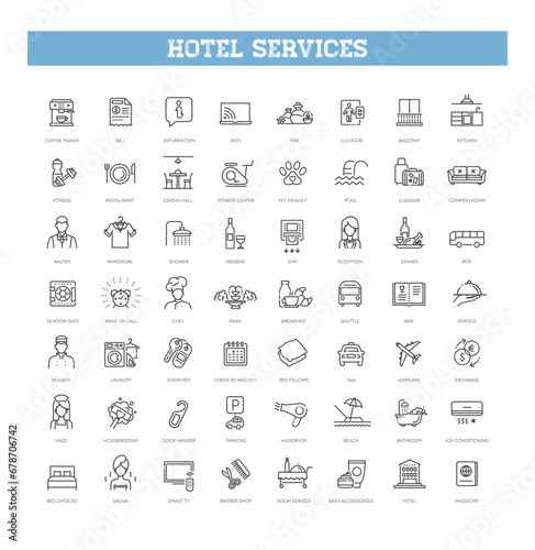 Hotel services concept illustration. Vector outline icons