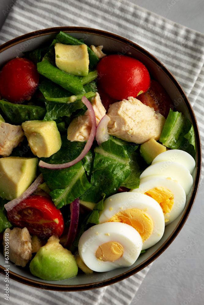Homemade Honey Mustard Chicken Salad in a Bowl, top view. Flat lay, overhead, from above. Close-up. Homemade Honey Mustard Chicken Salad in a Bowl, top view. Flat lay, overhead, from above. Close-up.