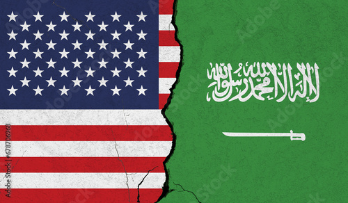USA Saudi Arabia flag cracked wall background