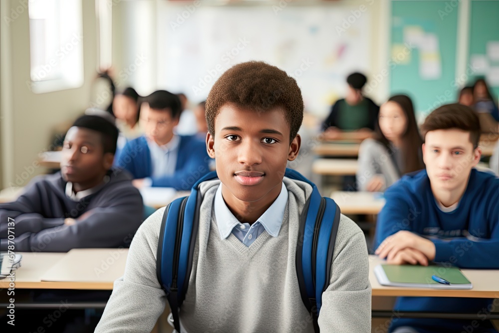 Happy and diverse group of students in a classroom, focused on learning. Happy and diverse group of students in a classroom, focused on learning.