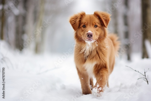 dog play in a park in snow on winter landscape