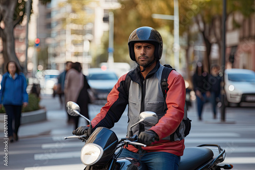 A smiling biker in a jacket and helmet on a motorcycle rides along a city road.