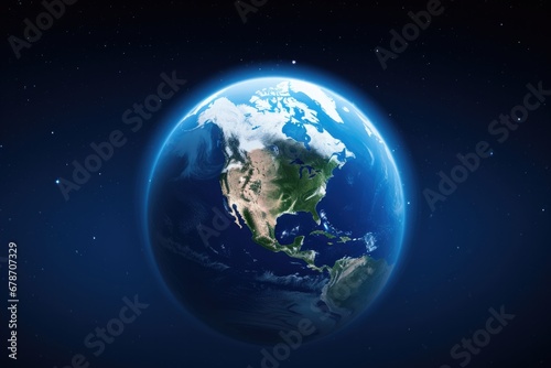 An illustration of the Earth, showing its continents, oceans and atmosphere in the vastness of space.