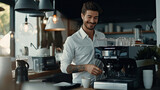 Positive Person Making Coffee in Modern Office: Front View Portrait with Shallow Depth of Field