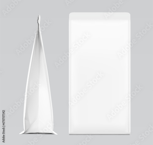 Vertical bag mockup. Flat bottom gusset bag. Front and side view. High realistic. Vector illustration isolated on grey background. Ready for use in presentation, promo, advertising and more. EPS10.
