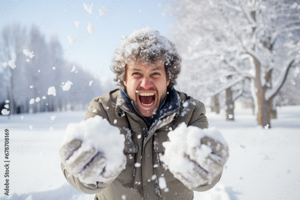 Fototapeta premium Energetic individual engaged in lively snowball fight amidst snowy scenery 