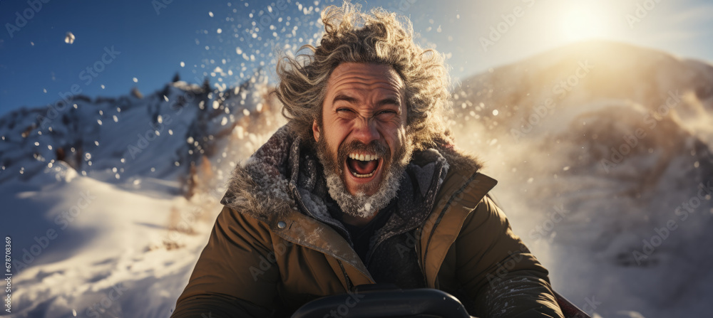 Thrilled person swiftly sledding down a chilly snow-laden hillside scene Thrilled person swiftly sledding down a chilly snow-laden hillside scene