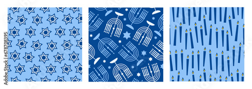 Happy Hanukkah set seamless patterns with creative symbols. Modern festive design for wallpaper, wrapping paper, fabric, banner. Blue colors. Vector illustration