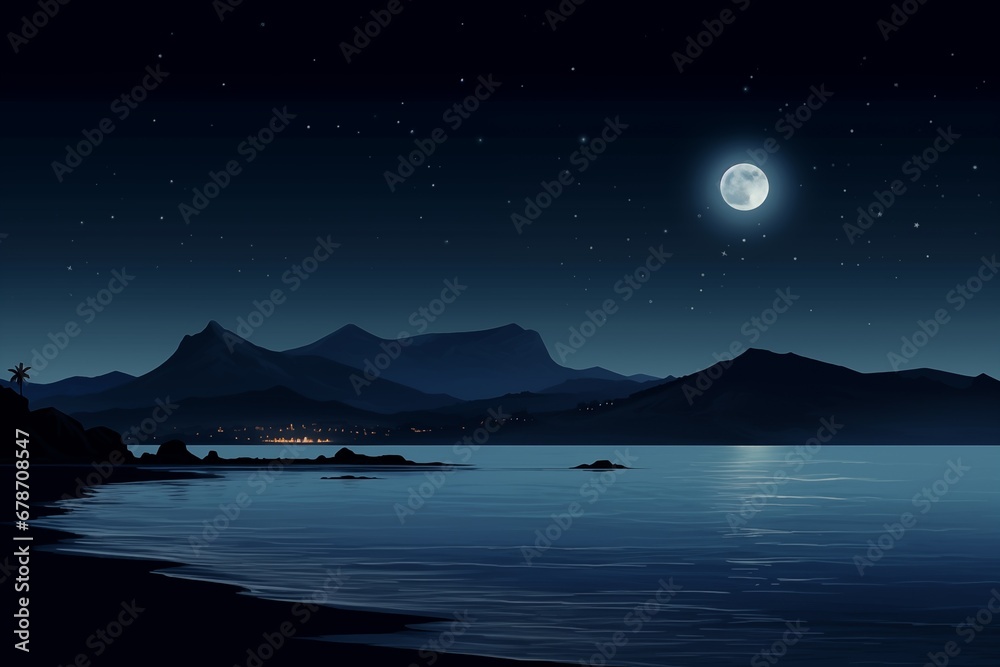 Night landscape with mountains, sea and the moon. Night landscape with mountains, sea and the moon.