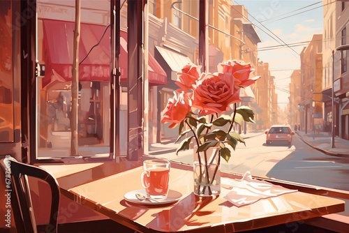 Roses in glass on the table near the window.