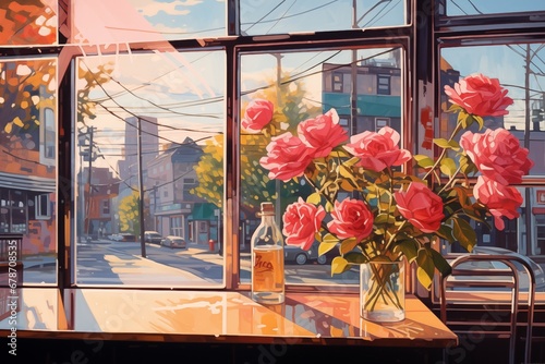 Roses in glass on the table near the window in cafe.