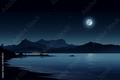 Night landscape with mountains, sea and the moon.