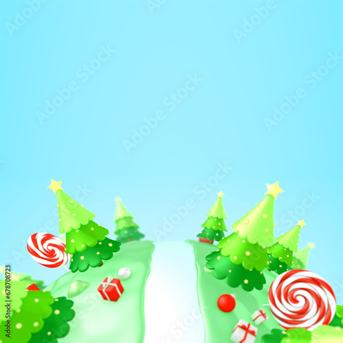 Christmas cartoon background decorated with trees, gift boxes and candy canes in christmas day, copy space 3d rendering.