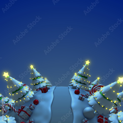 Christmas background with cartoon trees, gift boxes and candy cane in christmas night, 3d rendering.