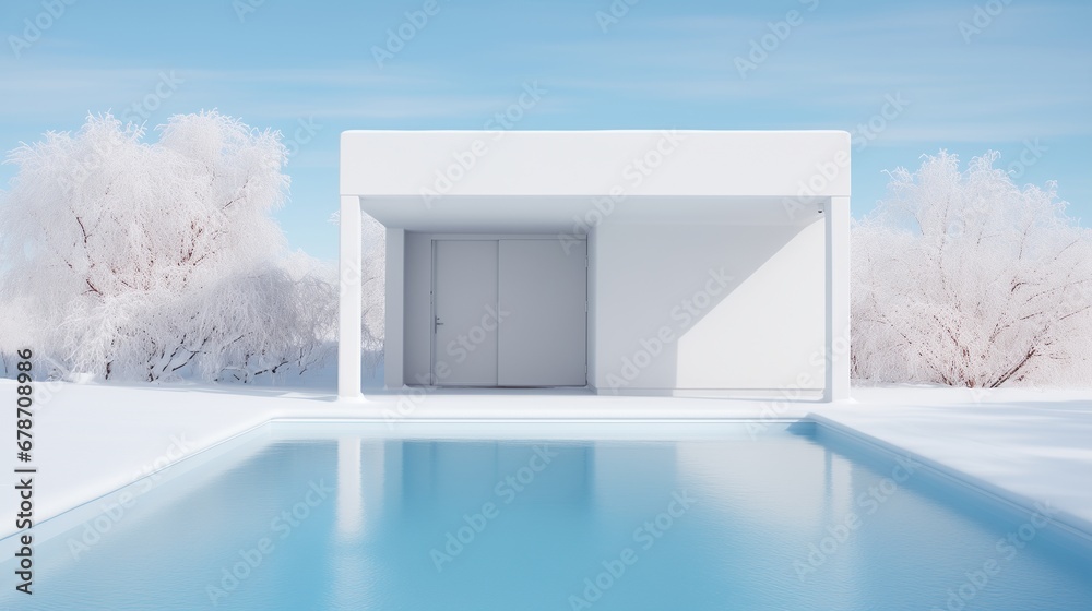 a minimal white swimming pool with trees against a snowy background. Generative AI a minimal white swimming pool with trees against a snowy background. Generative AI